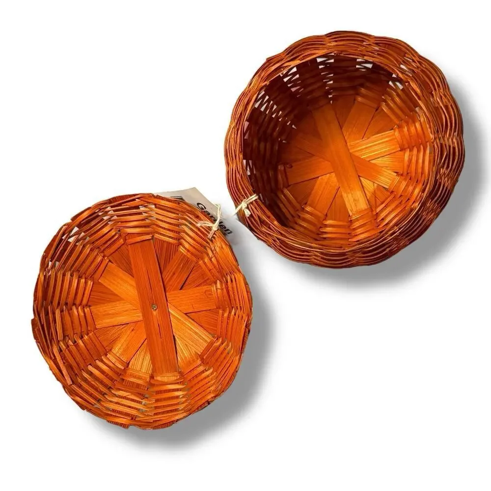 NOS Wicker Halloween Thanksgiving Orange Mini Pumpkin Woven Basket & Lid 3.5”